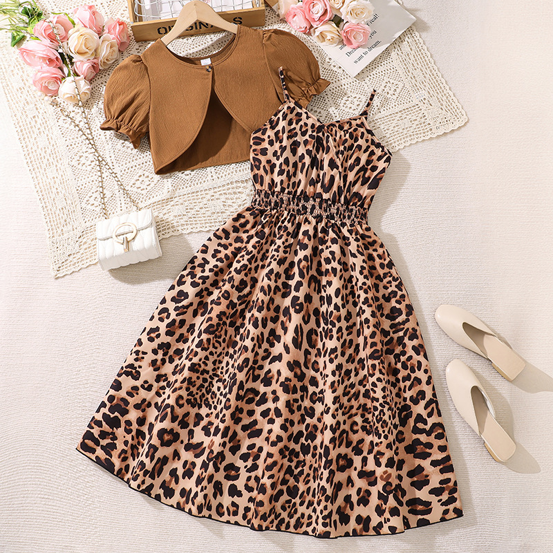 Girls' Summer Clothing New Leopard Print Suspender Skirt Suit Short-Sleeved Cardigan Cute Worested