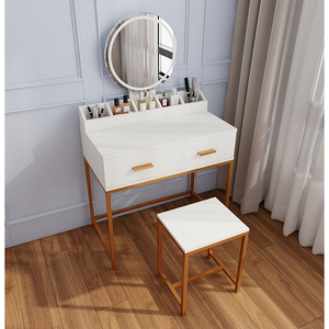 <b>Vanity</b> Set With <b>Mirror</b> And Stool White Gold Makeup <b>Table</b> With Storage Drawers Space Saving Design - Product Image 5