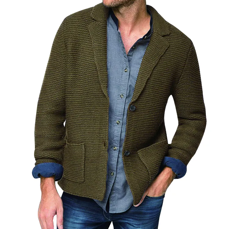 Jersey informal con solapa para hombre, cárdigan cálido y Formal, jersey de Color sólido