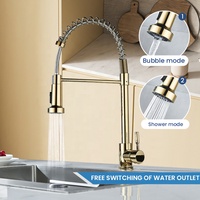 Robinet de cuisine classique flexible en acier inoxydable avec douchette extractible double fonction, deux sorties d'eau, pivotant à 360°, en céramique dorée