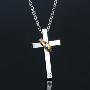 Cross Pendant <b>Necklace</b> Stainless Steel Black Rose Gold With Diamond For <b>Couple</b> Gift Daily Wear Geometric Design Bezel Setting - Product Image 2