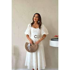 Vestido Casual de Fiesta Tejido Transpirable con Cuello Redondo y Cintura Natural, Línea A, Bordado en Color Blanco Hueso, Venta al por Mayor - Product Image 3