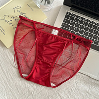 Culottes triangulaires en satin et dentelle pour femme, antibactériennes, sexy, avec nœud, taille mi-haute, fines, avec entrejambe en soie de mûrier, en nylon tricoté ajouré