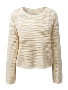 <b>White</b> Breathable Thin Wool Knit Solid Sweater for <b>Women</b> <b>Long</b> <b>Sleeve</b> O-Neck Knee Length Elegant Winter <b>Top</b> with Embossed Printing - Product Image 2