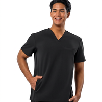 Haut de blouse médicale noir à col en V pour homme, manches courtes, uniforme d'hôpital, tissu tricoté en polyester