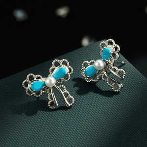 French Style <b>Turquoise</b> Blue Teardrop Bow Pearl <b>Stud</b> <b>Earrings</b> With S925 Silver Posts For Everyday Wear - Product Image 1
