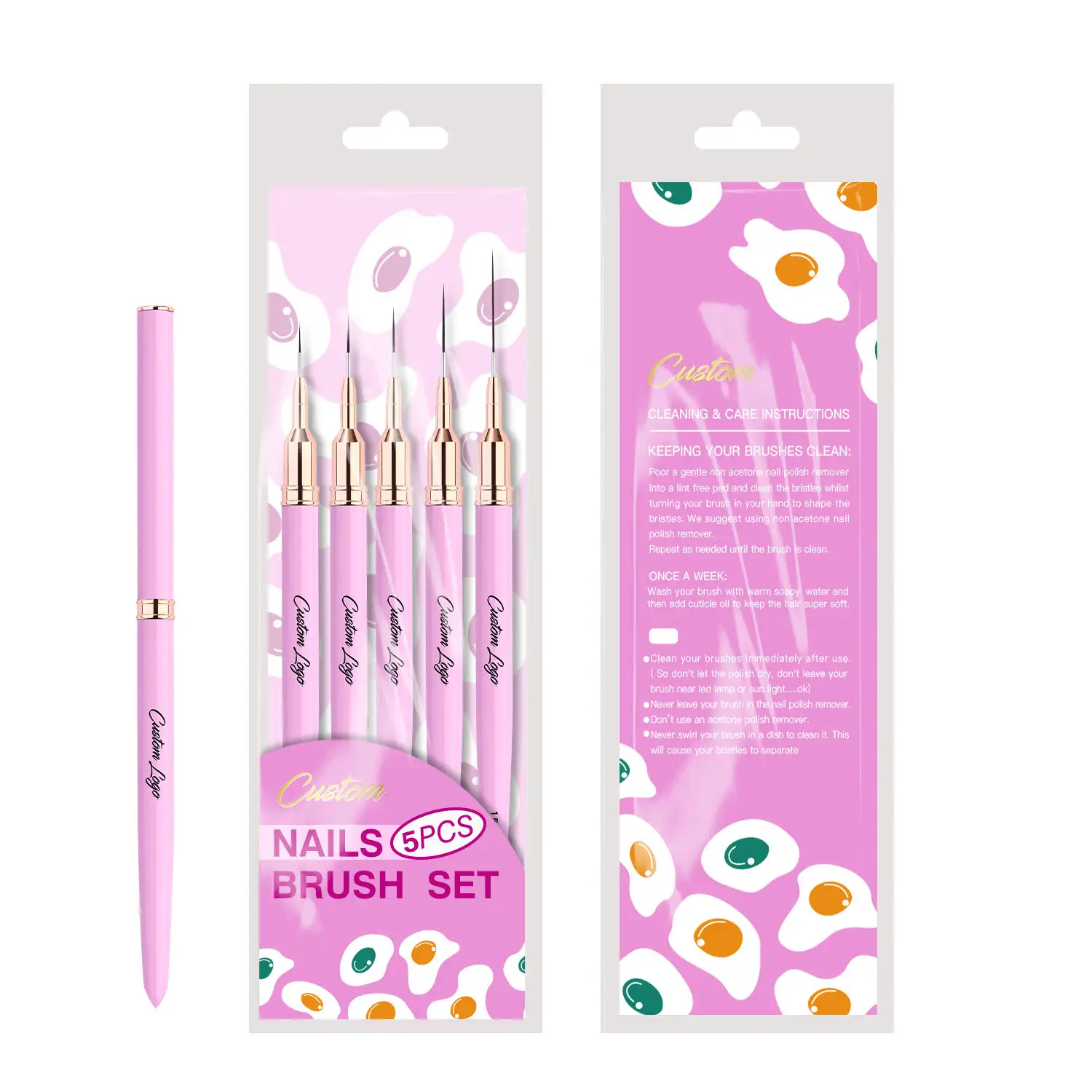 2023 High Quality Metal Handle Extremely Thinner Synthatic Kolinsky Hair Nail Art Brush Pink Liner Brush Set 5 7 9 11 25MM