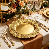 Assiettes de présentation de luxe dorées Wojia 13 pouces, revêtement poudré, motif nœud celtique en relief, bordure dentelle, pour réceptions de mariage et décoration de table de banquet