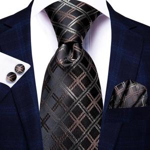 Corbata de Seda Jacquard Casual para Hombre, Diseño de Rayas Negras y Marrones, con Pañuelo y Gemelos, para Bodas, Negocios y Fiestas - Product Image 1