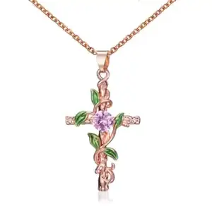 Wholesale Women Brass Jewelry Dainty Statement Necklace Rose Gold Plated Leaf Entwined Cross Pendant Necklace