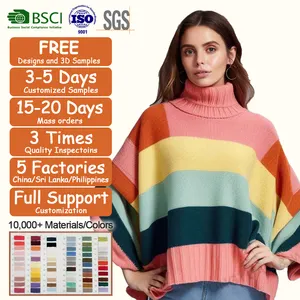 2023 Свитер оверсайз новый вязаный женский модный разноцветный полосатый свитер-пончо с высоким воротником