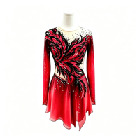 Robe de patinage artistique à imprimé flamme rouge et noir, manches longues, dos profondement ouvert, jupe ornée de strass pour compétition et performance des adultes et des enfants