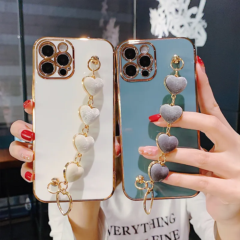 Luxury Plating Soft TPU Phone Case For iPhone 13 12 Pro Max 12 Mini XS XR 6S 7 8 Plus SE Mobile Cover With Love Heart Wristband