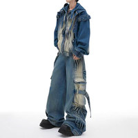Ensemble Jean et Veste en Denim Plissé Dégradé Lavé à l'Acide Respirant et Personnalisé pour Homme, Coupe Ample, Tissé, Style Hip Hop de Haute Qualité