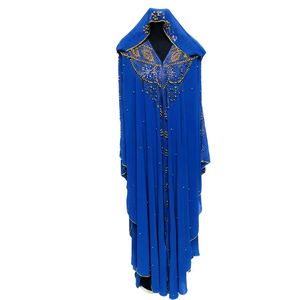 Luxury Handmade Womens Floor Length Blue Chiffon Abaya Farasha Jalabiya Arab Elegant Satin Fabric Beaded Breathable 100% <b>Silk</b> - Product Image 1
