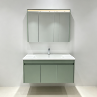 Rak Dinding Kamar Mandi Kayu Solid Modern 100cm dengan Panel Kristal Karbon, Wastafel Keramik 50cm, dan Kabinet Cermin LED Sensor Pintar