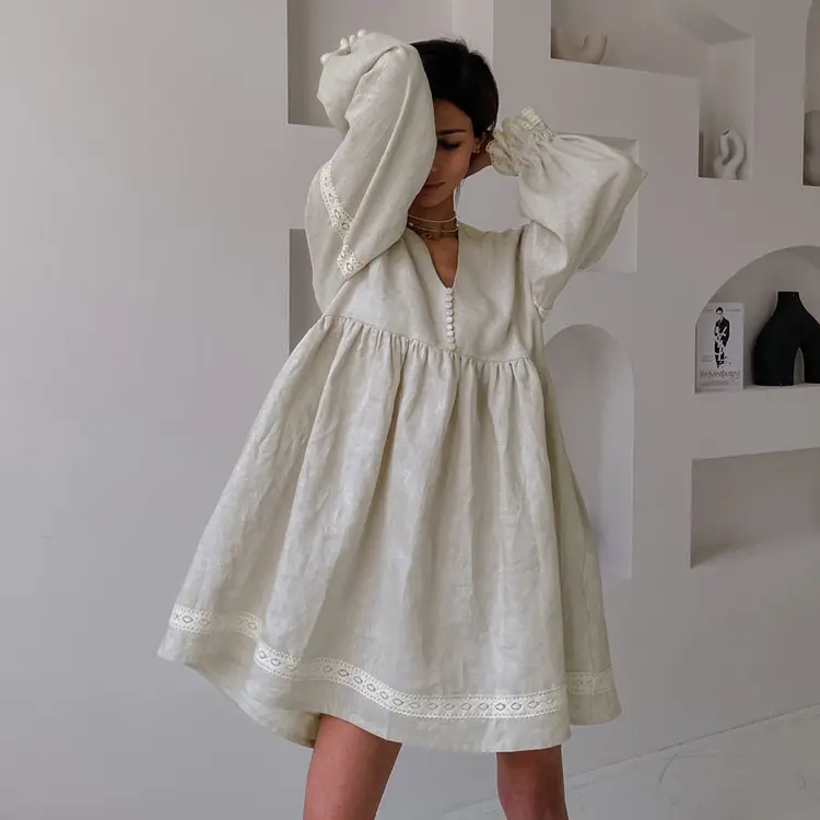 Oem tùy chỉnh in của phụ nữ ăn mặc giản dị v-cổ bền vững Linen cotton của phụ nữ Dresses