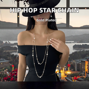Hip-Hop Damen Kupfer Vergoldete Mehrlagige Lange Kette Kleiner Hohler Stern Trendiges Geometrisches Muster Party Schmuck Accessoires - Product Image 1