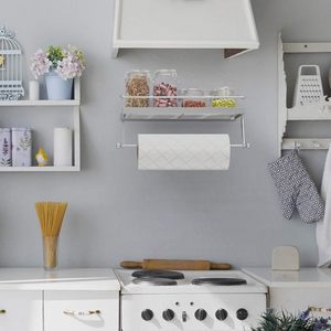 Wall Mounted Stainless Steel <b>Paper</b> Towel Holder With Spice Rack Storage Shelf <b>Kitchen</b> Organizer Adhesive No Drill Installation - Product Image 4