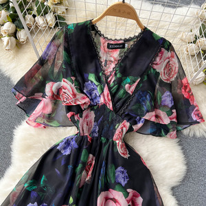 Vestido de chifón estampado con cuello en V para mujer, con efecto adelgazante en la cintura y mangas cortas con volantes, ideal para el verano. - Product Image 6