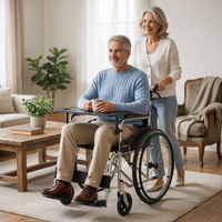 Fauteuil roulant pliable avec roues arrière solides de 24 pouces et coussin de siège en Oxford, cadre en acier carbone avec frein à main et table amovible pour personnes handicapées