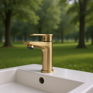 Grifo de lavabo monomando de oro cepillado con válvula cerámica, de un solo orificio, montado en encimera, estilo contemporáneo - Product Image 2