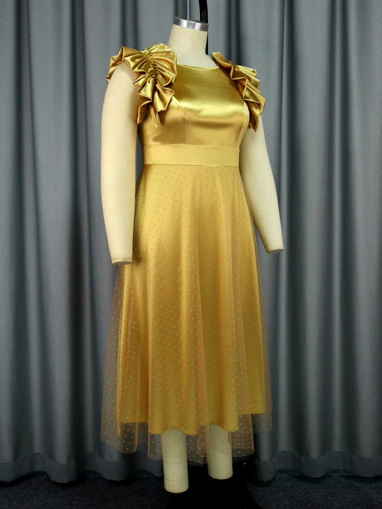 Sleeveless Satin Glitter Mesh Gold Christmas Evening Dresses