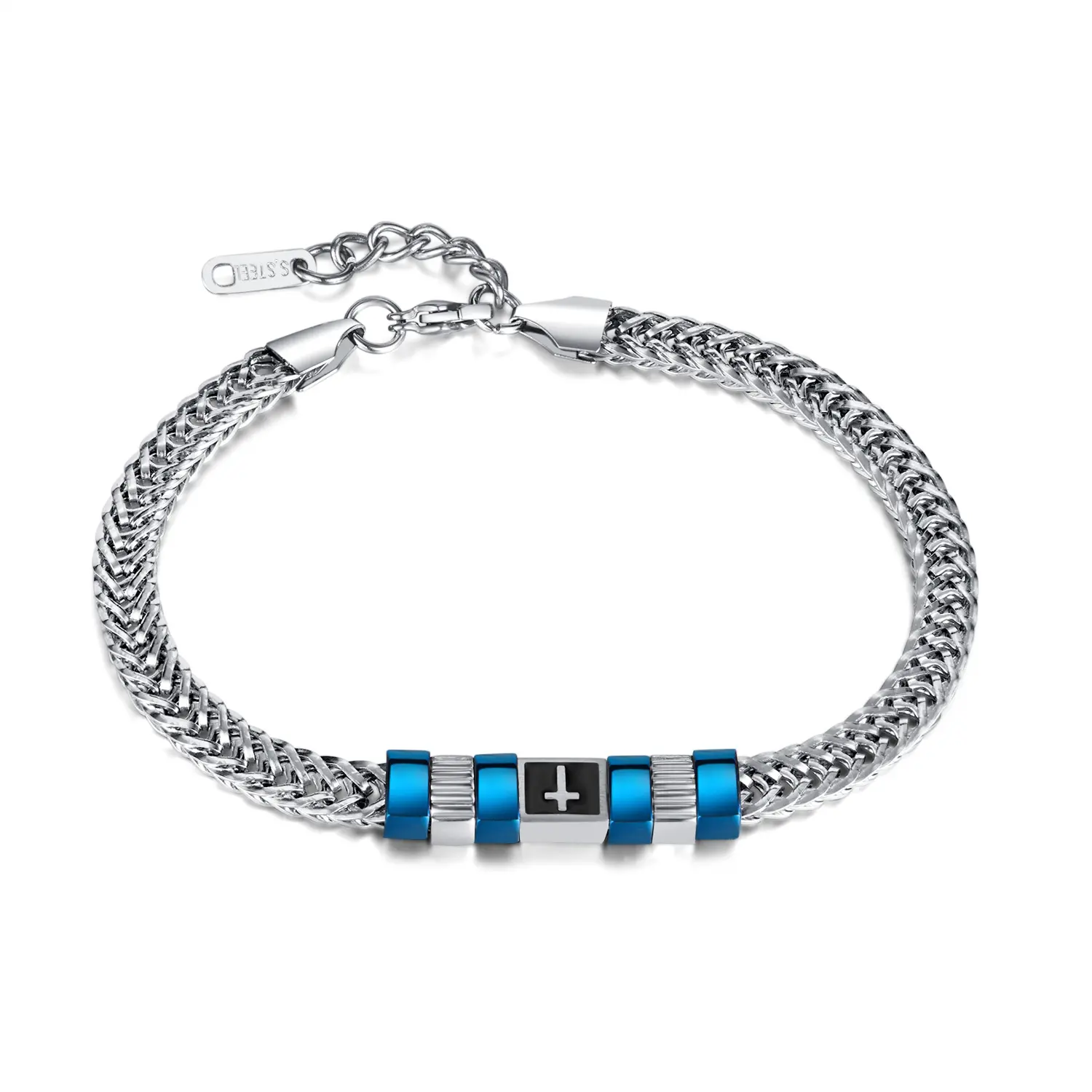 Italiaanse Stijl Twee Tone Gelaagde Rvs Cubaanse Schakel Armband Blauw Zwart Plating Kruis Titanium Stalen Mannen Armband