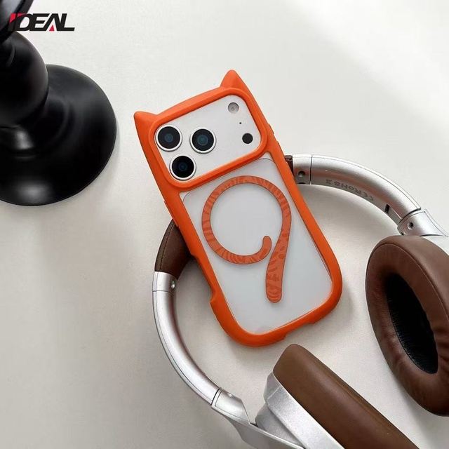 IDEAL Factory 3D Cat Ears Design Magnetic Charging Hard PC Clear Cell Phone Case Cover for iPhone 17 16 15 Pro Max 17 Air Case