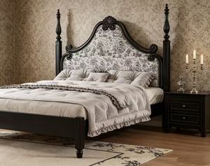 Premium Queen Size Black Wood Spindle <b>Bed</b> With Floral Upholstered Ornate Headboard For Bedroom - Product Image 5