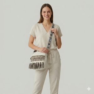 Bolso de mano tejido con patrón geométrico, ribete de flecos y diseño textil decorativo para mujeres, ideal para atuendos casuales y eventos especiales. - Product Image 3