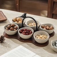 Ensemble de bols à collation en grès avec support en bois massif et poignée en forme d'oiseau, 3, 4 ou 6 bols, plat de service pour noix, sauces, bonbons et apéritifs, beige