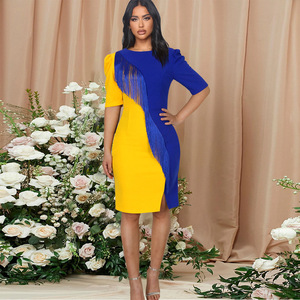 Abito Bodycon da Donna Personalizzato Blu Reale con Nappe Gialle Tinta Unita per Feste Sigma Gamma Rho Lettere Greche Sorority - Product Image 1