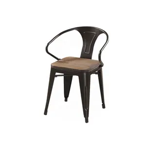 Industriële Armsteun Stoelen Met Houten Zitting Metalen Dining Fauteuil Gepoedercoat Cafe Stoel