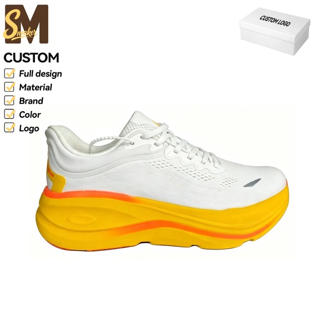 Men's White Mesh Running Shoes with Yellow Gradient Midsole Breathable Lightweight Athletic Sneakers Soft Cushioning Trainers