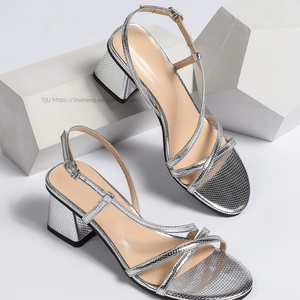 Factory Wholesale High <b>Open</b> Toe Sandals Back Strap Fashion One Word Thick Heels Large Size Women's Shoes - Product Image 2