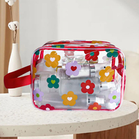 Pochette cosmétique et trousse de voyage transparente à motifs floraux avec poignée - Trousse de maquillage en PVC durable avec fermeture éclair, sac de voyage imperméable