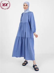 <strong>Modanisa</strong> Women Blue Solid Crew Neck Back Keyhole Button Solid Colour Muslim Long Sleeve Cuff Pretty Long Dress Jalabiya - Product Image 4