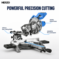 Scie à onglet électrique coulissante HERZO 1500W, lame de 210 mm, 230-240V, moteur à balais, largeur de coupe maximale de 340 mm, coupe de métaux, bricolage, industriel