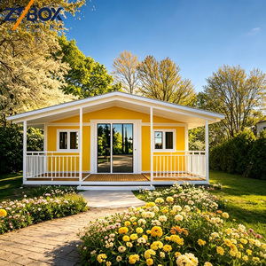 ZYBOX <span class=keywords><strong>Casa</strong></span> Container Espandibile 20ft 40ft Giallo Girasole con Tetto a Falda e Portico Bianco Prefabbricata per Giardino Airbnb - Product Image 1