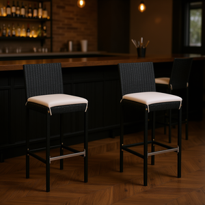 Ensemble de 4 tabourets de bar en rotin noir, base en métal moderne et contemporaine, pour mobilier commercial de bar - Product Image 2