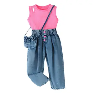 Sommer neue Mode Mädchen-Set hohle gestrickte ärmellose Weste + Denim-Hose mit Tasche 3 Sätze Kleidung Großhandel hochwertig