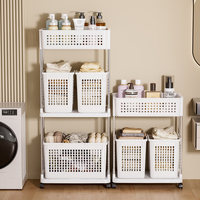 Chariot à linge portable en plastique avec poignée, panier à linge sale sur roulettes