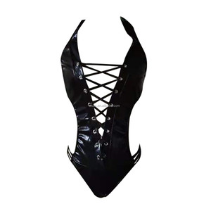 SacKnove 8140 mode décapant Sexy imitation cuir une pièce creux profond col en V sangle Lingerie pas cher en ligne - Product Image 6