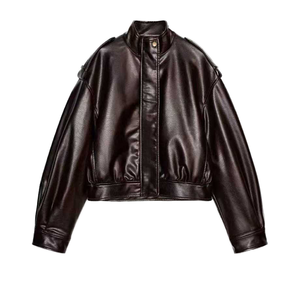 Autumn/Winter New Style Elegant Drop-Shoulder Fashionable Stand Collar Long-Sleeve <b>Zip</b>-<b>Up</b> <b>Jacket</b> Lapel Zipper Placket PU <b>Jacket</b> - Product Image 1