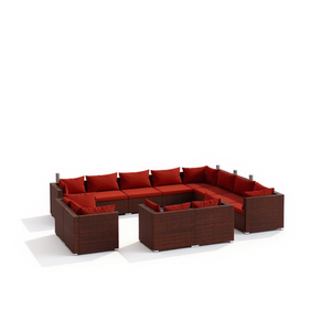 Ensemble de salon de jardin rouge cannelle en rotin brun, mobilier d'extérieur 10 places, design contemporain, résistant aux intempéries - Product Image 1