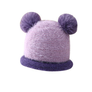 2024 inverno bel design orso molto morbido Fuzzy lavorato a maglia caldo con risvolto spesso cuffia berretto con due palle di pelliccia - Product Image 5