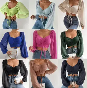 Phụ Nữ Tops Thời Trang Dễ Thương Voan Giản Dị Dài Tay Áo Áo Cánh Thanh Lịch Crop Tops Polyester In Kỹ Thuật Số Ngắn Cho Phụ Nữ 5Pcs