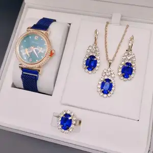 Blauwe Luxe Horloge Vrouwen Ring Ketting Oorbel Strass Mode Polshorloge Casual Dames Armband Horloges Sieraden Set Cd162