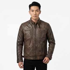 Chaqueta de Cuero Genuino Marrón para Hombre, Corte Ajustado, Estilo Motero, Cafe Racer, de Piel de Vacuno, con Hombros Acolchados, Clásica, Personalizada, Cálida para Invierno - Product Image 1